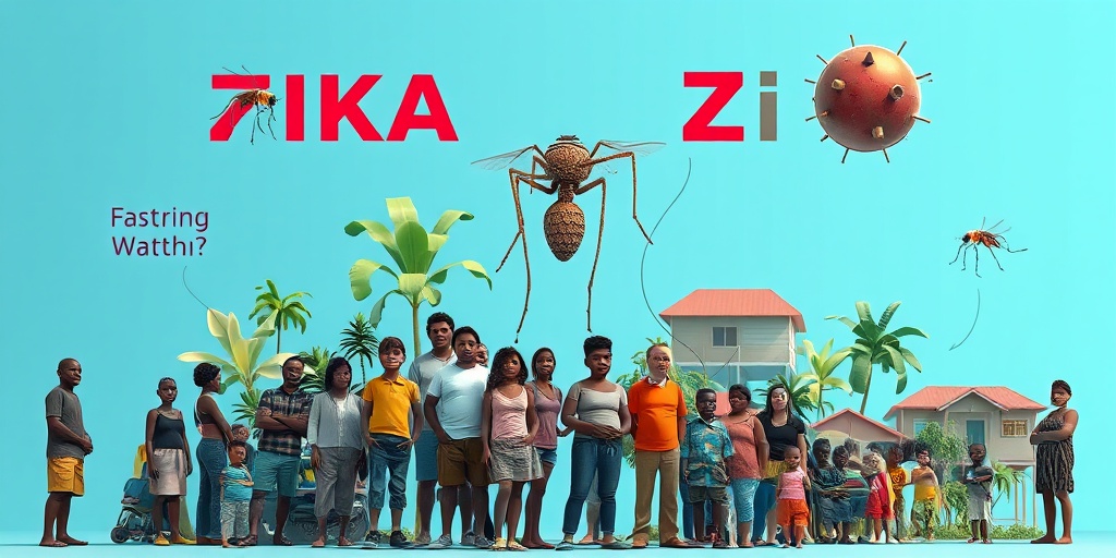 A diverse community scene illustrating Zika risk factors, featuring individuals amidst standing water and tropical vegetation.  3.png