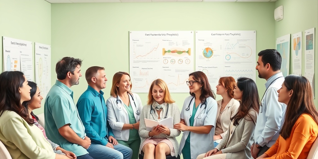 A diverse group discusses Guenther Porphyria risk factors with a healthcare professional in a bright, inviting clinical setting. 3.png