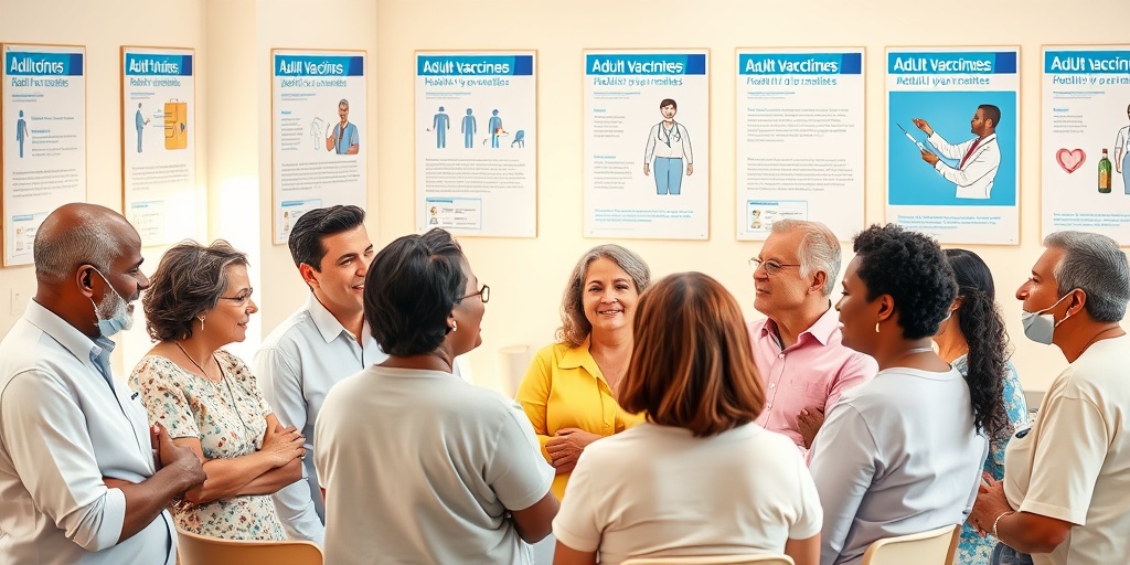 A diverse group discusses vaccine importance in a community health center, surrounded by informative posters and a warm atmosphere.  2.png