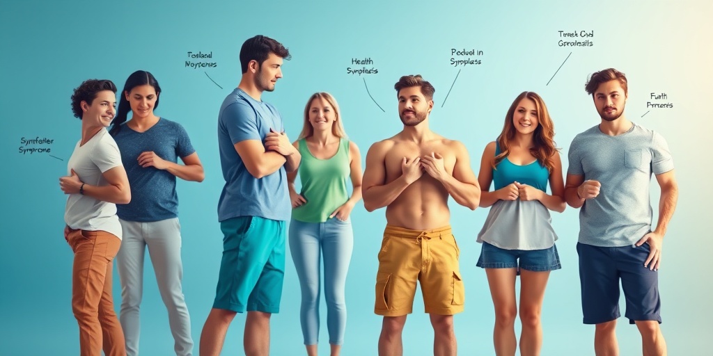 A diverse group engages in healthy activities, displaying Klinefelter Syndrome symptoms in a supportive, soothing blue environment.  2.png