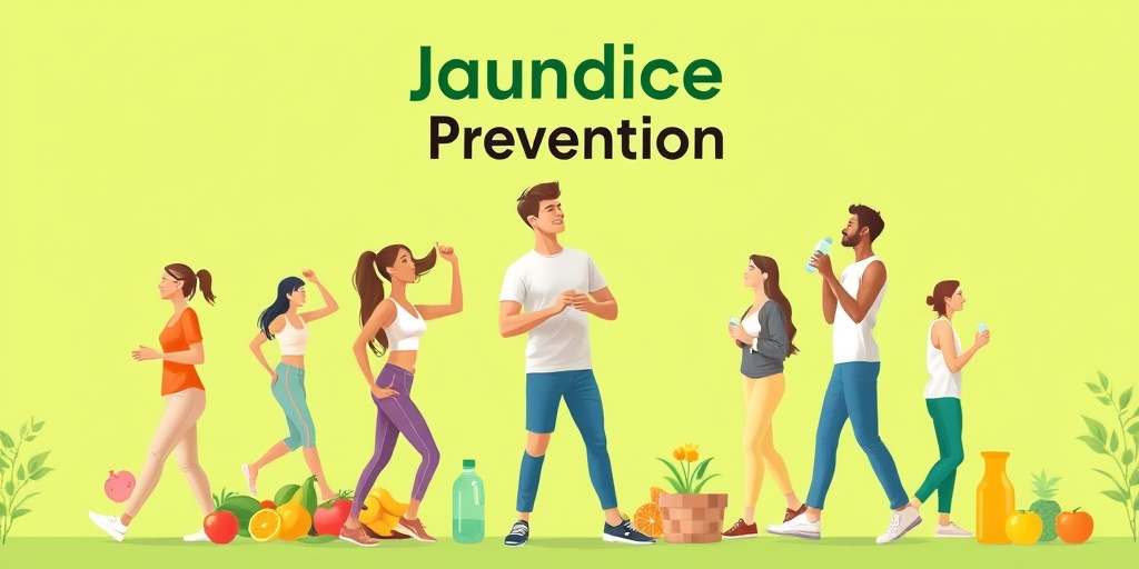 A diverse group engages in healthy activities, surrounded by fruits and water, promoting jaundice prevention in a vibrant green backdrop.  5.png