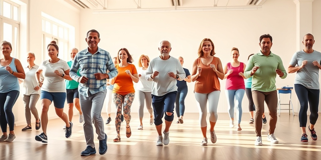 A diverse group exercises in a bright gym, showcasing walking, stretching, and resistance band workouts for COPD patients.  3.png