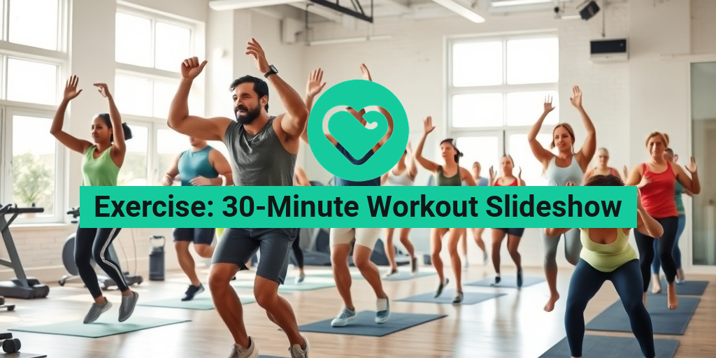 A diverse group exercises together in a bright gym, showcasing energy and motivation during a 30-minute workout session. โข Yesil Health AI