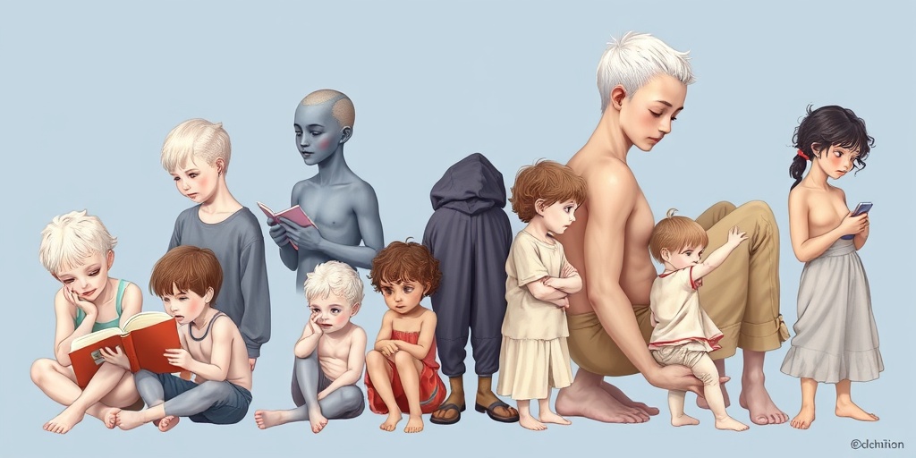 A diverse group illustrates oculocutaneous albinism, engaging in activities that highlight their unique pigmentation.  2.png