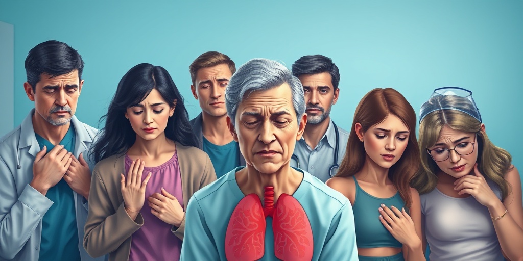 A diverse group in a clinical setting, displaying symptoms of cystic lung disease, evoking empathy and understanding.  2.png