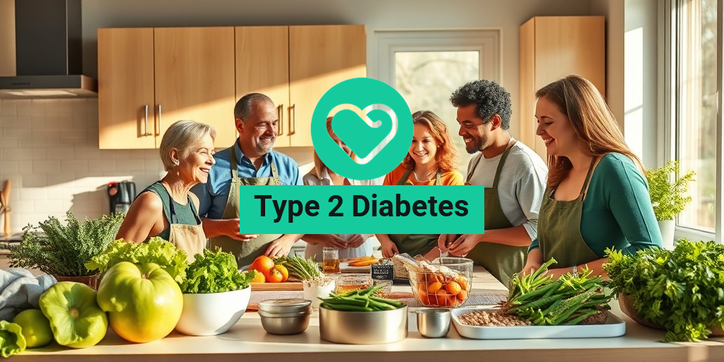 A diverse group joyfully prepares healthy meals in a sunlit kitchen, emphasizing community and diabetes management. β’ Yesil Health AI