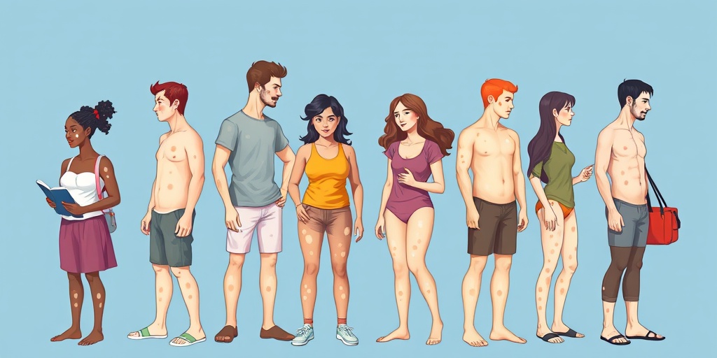 A diverse group of individuals with vitiligo engaged in daily activities, highlighting normalcy and community support in a warm blue setting. 2.png