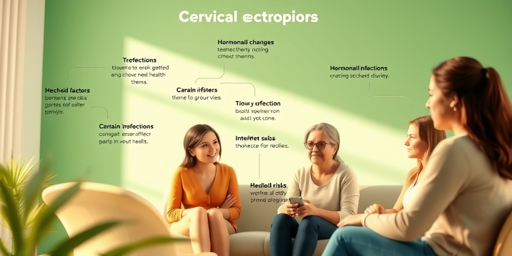 A diverse group of women discusses cervical ectropion risk factors in a supportive environment, surrounded by warm, inviting lighting.  3.png