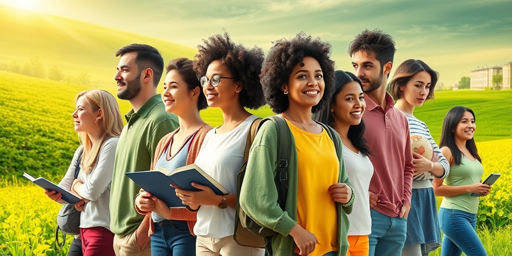 A diverse group participates in education and sports, set in a vibrant green landscape, reflecting optimism for individuals with Klinefelter Syndrome.  5.png