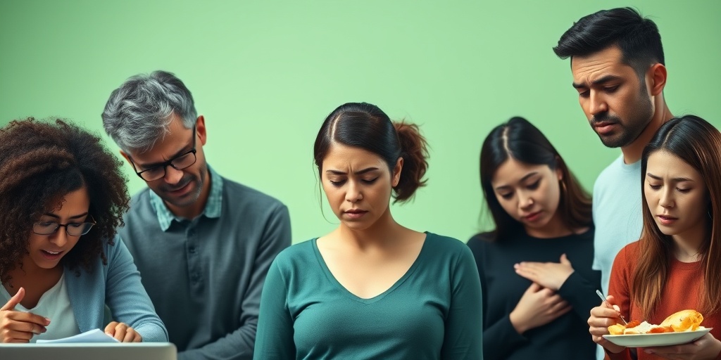 A diverse group shows IBS symptoms, engaged in daily activities, with expressions of discomfort against a soft green background.2.png