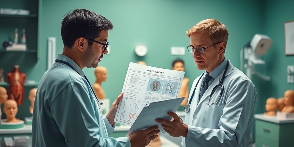 A doctor examines a child's medical chart in a modern clinic, surrounded by anatomical models and diagnostic tools.  3.png