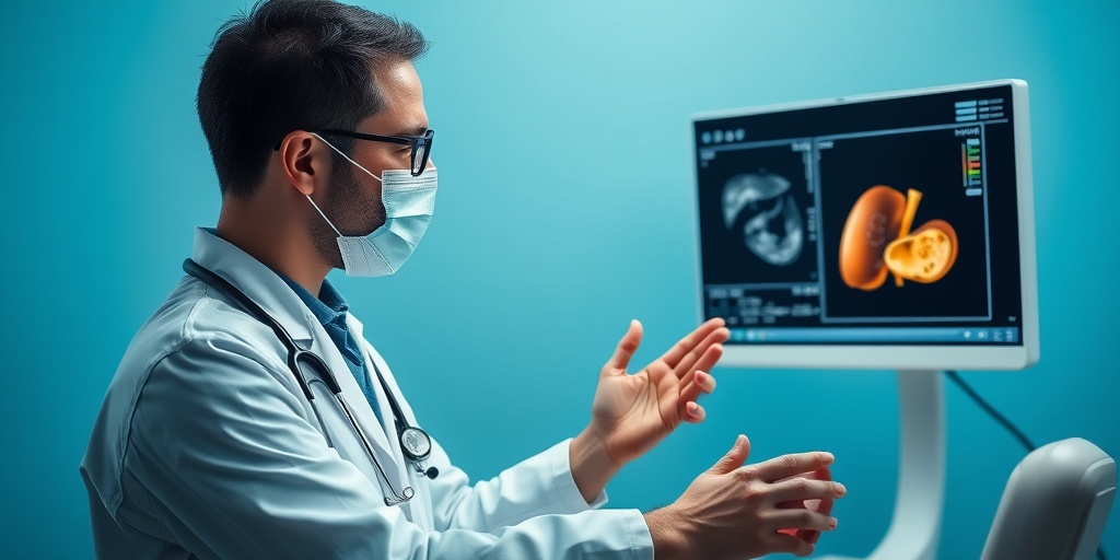 A doctor examines a patient's jaundiced skin under natural light, with medical instruments visible in a calming blue setting.  4.png