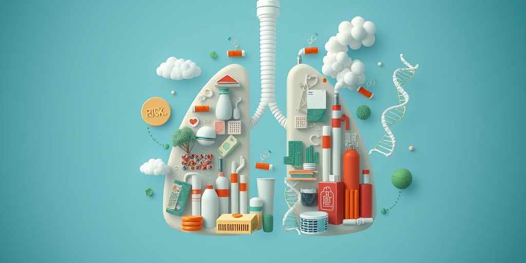 A dynamic 3D collage illustrating Non-Small Cell Lung Cancer risk factors, featuring cigarettes, pollution, and DNA strands. 3.png