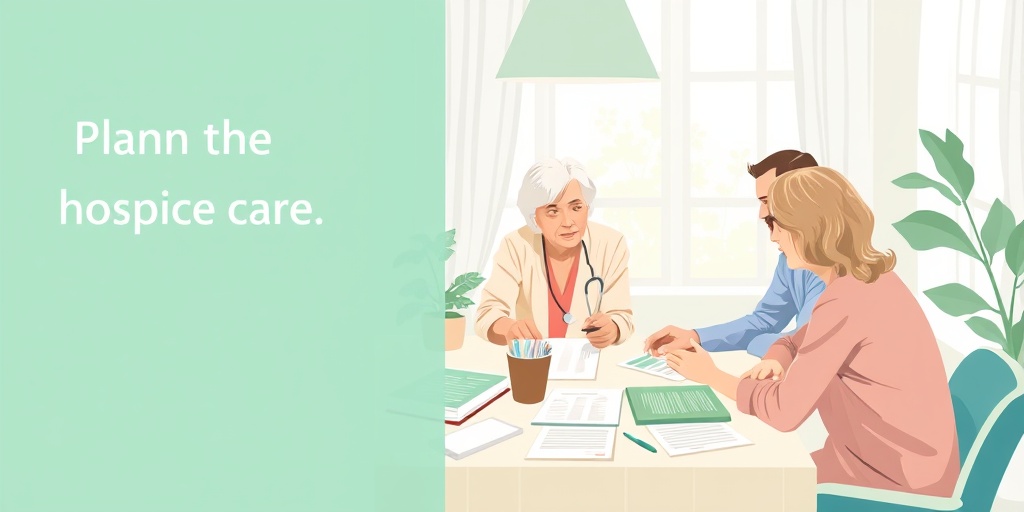 A family discussing hospice care options with a healthcare professional, surrounded by supportive materials in a well-lit room.  5.png