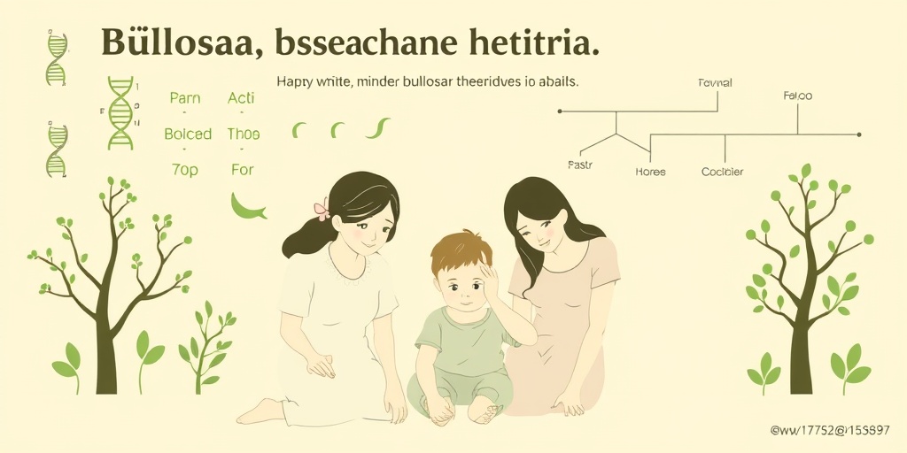 A family gathered, focusing on a child with Bullosa Hereditaria, surrounded by genetic charts symbolizing heredity. 3.png