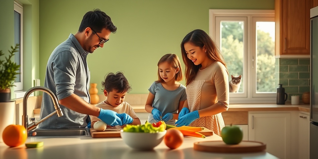 A family practices safe food handling in a bright kitchen, emphasizing Toxoplasmosis prevention tips.  5.png