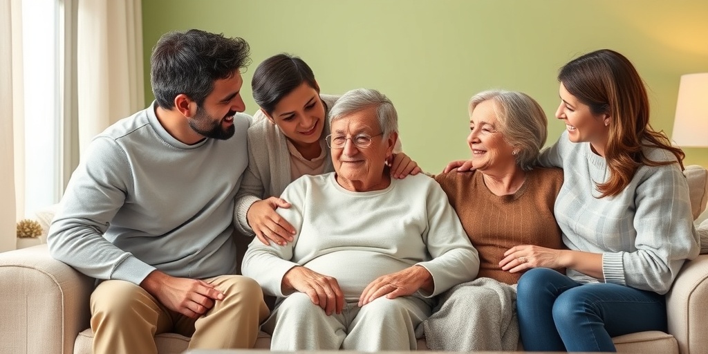 A family surrounds a patient on a couch, expressing love and support in a cozy living room setting.  4.png