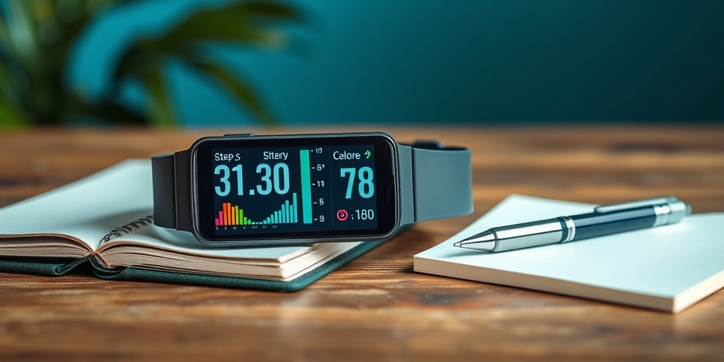 A fitness tracker displays progress metrics on a wooden table, symbolizing the journey of tracking health and fitness goals.  5.png