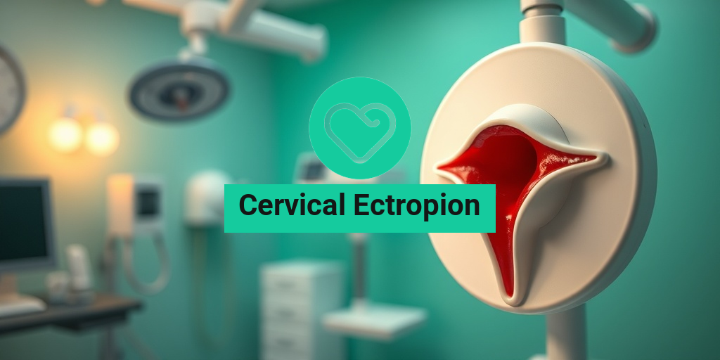 A gynecological examination room showcases a cervical model highlighting cervical ectropion with vibrant red tissue against a creamy background. • Yesil Health AI