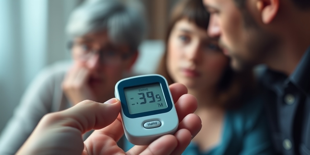 A hand holds a glucometer, focusing on blood sugar levels while a concerned parent and child discuss diabetes symptoms.  2.png