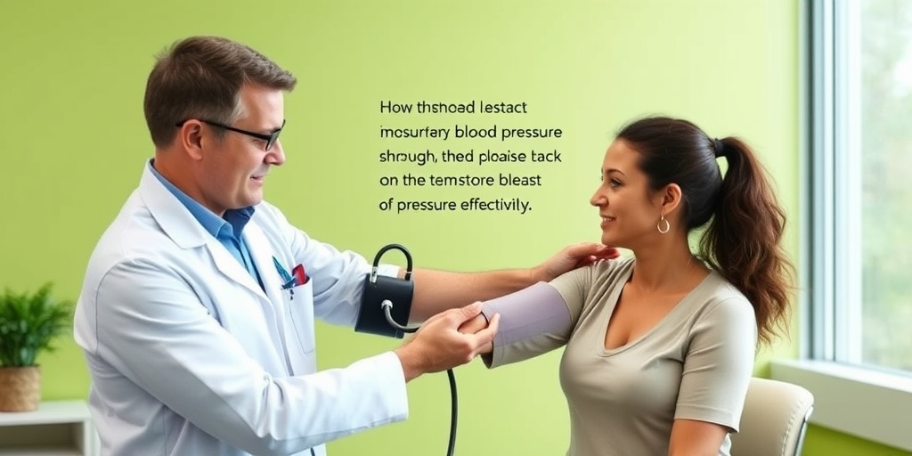 A healthcare professional demonstrates blood pressure measurement with a sphygmomanometer, guiding a patient in a serene clinic. 3.png