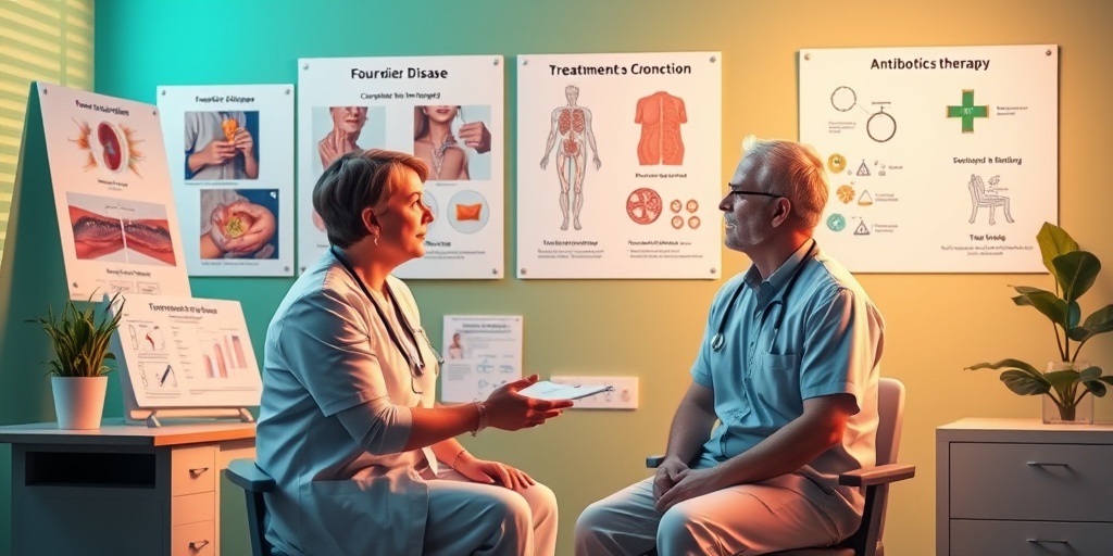 A healthcare professional discusses Fournier Disease treatment options with a patient, surrounded by medical charts in a warm atmosphere.  4.png