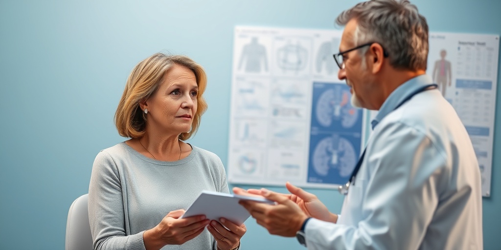 A healthcare professional discusses Huntington's Disease with a patient, conveying compassion in a calming clinical setting.4.png