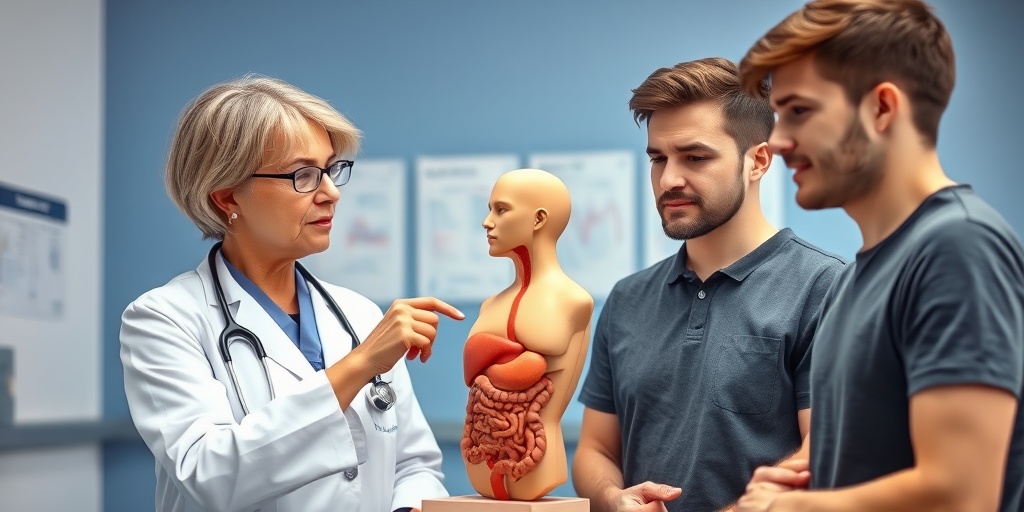 A healthcare professional discusses IBS with a patient, pointing to an anatomical model in a bright, clinical setting.4.png