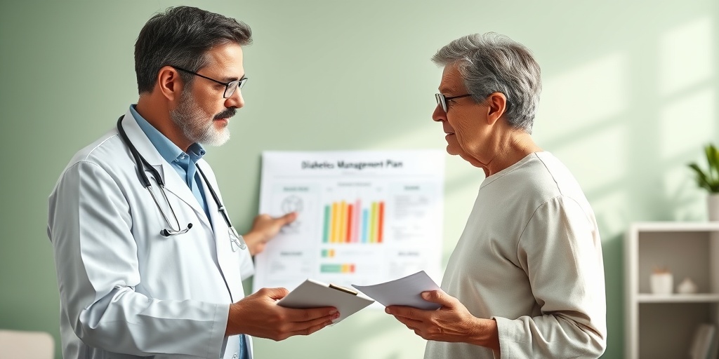 A healthcare professional discusses diabetes management with a patient, fostering understanding in a calming clinic environment. 4.png