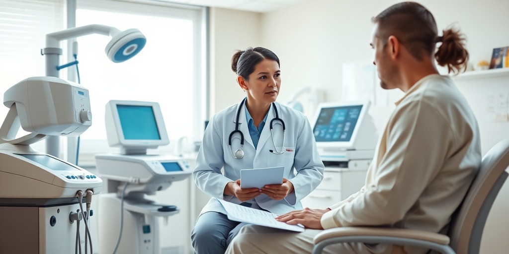 A healthcare professional discusses treatment options with a patient, surrounded by medical equipment in a clean, supportive atmosphere.  4.png