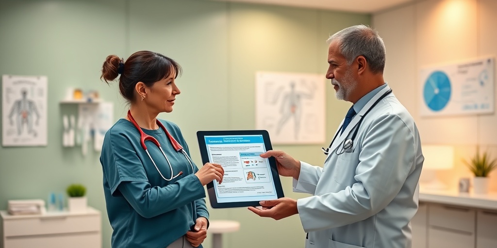 A healthcare professional discusses treatment options with a patient, using a digital tablet in a modern, comforting clinic.  4.png