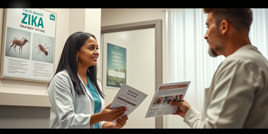 A healthcare professional discussing Zika prevention with a patient in a modern clinic, surrounded by informative medical posters.  4.png