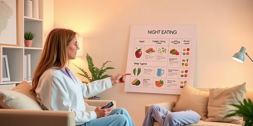 A healthcare professional discussing night eating treatment options with a patient in a cozy, supportive office setting.  4.png