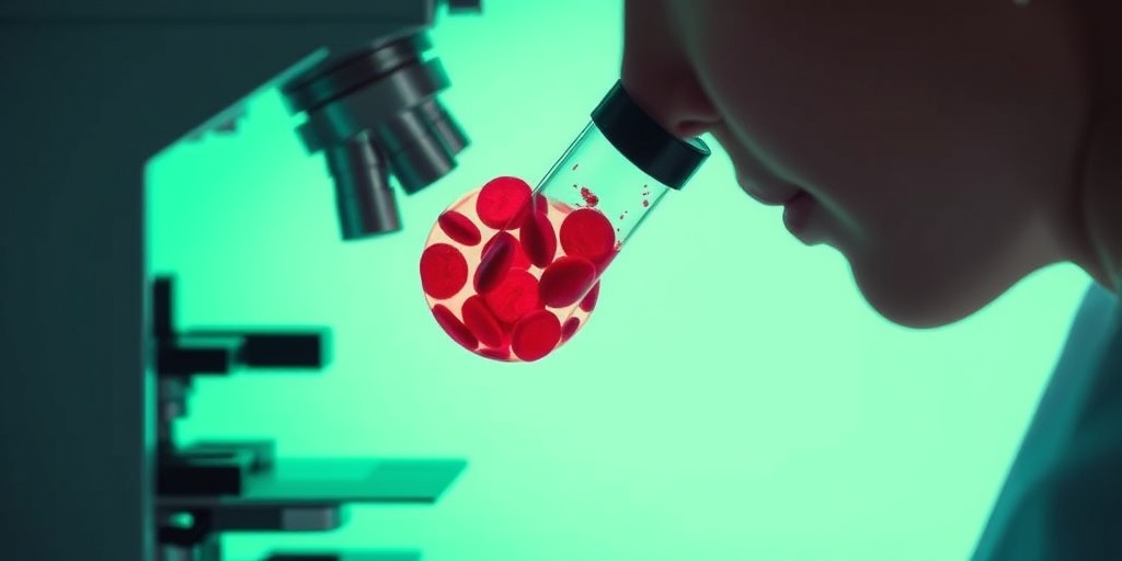 A healthcare professional examines a blood sample under a microscope, highlighting increased red blood cell count in a calming green environment.3.png
