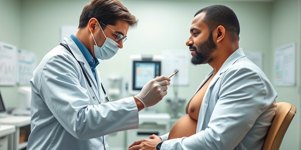 A healthcare professional examines a patient in a modern medical office, emphasizing the diagnostic process for lipodystrophy.  4.png