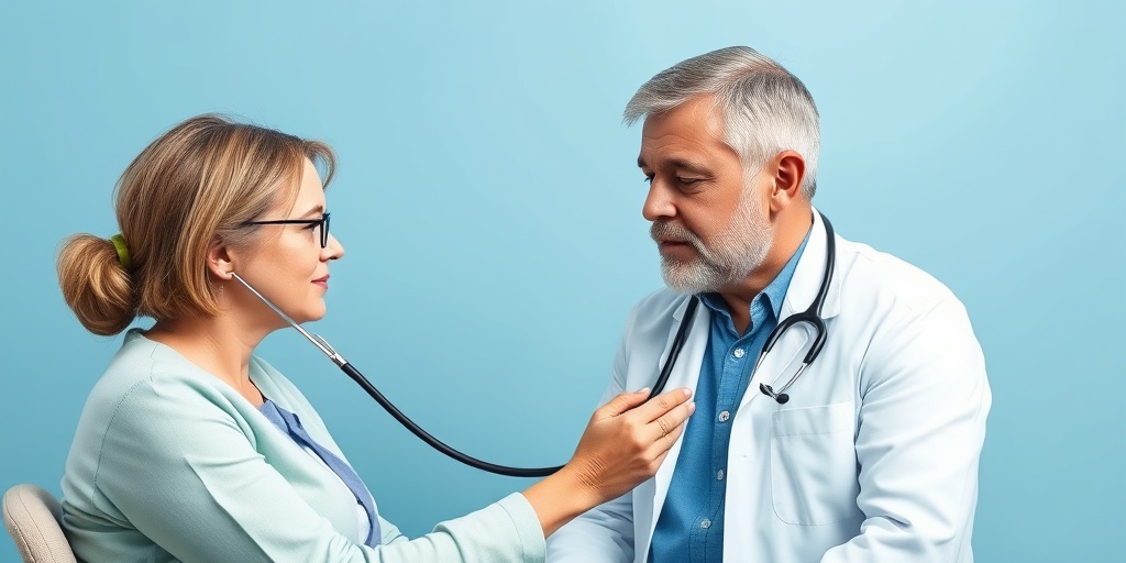 A healthcare professional examines a patient with swollen lymph nodes, using a stethoscope in a bright, clinical environment. 4.png