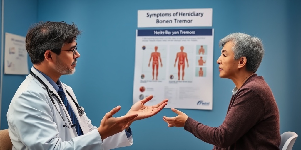 A healthcare professional explains hereditary benign tremor symptoms to a young adult, fostering understanding in a soft blue setting. 2.png