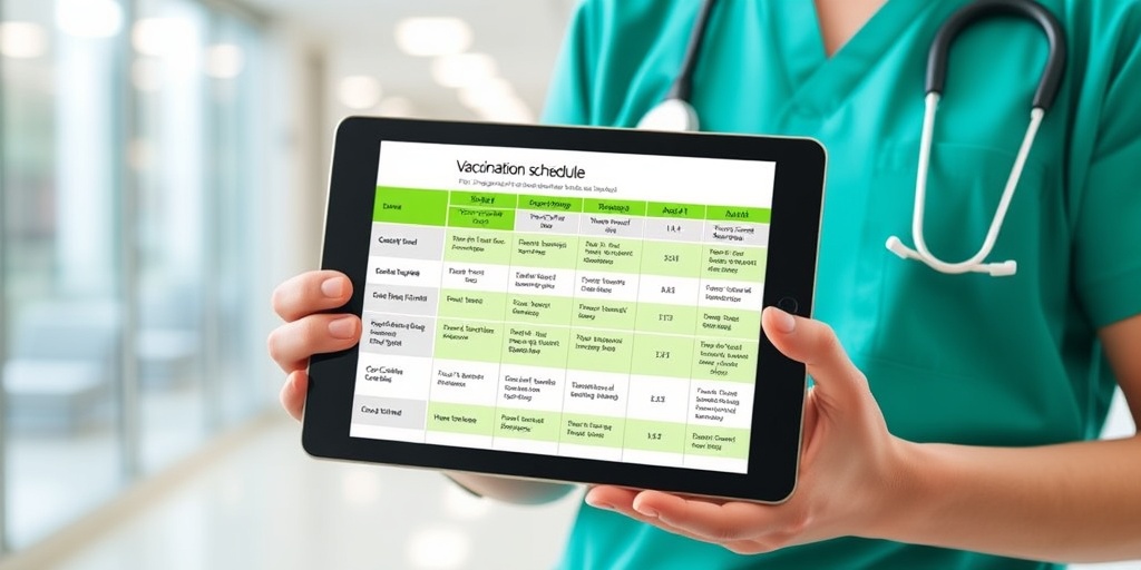 A healthcare provider holds a digital tablet displaying an adult vaccination schedule, set against a modern clinic backdrop.  3.png