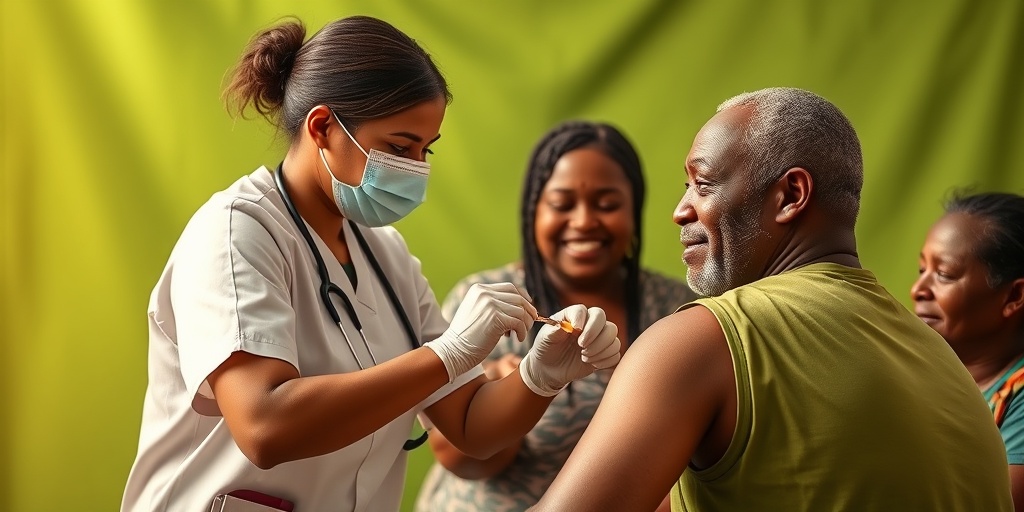 A healthcare worker administers a vaccine in a community setting, capturing smiles and hope against the backdrop of health.  4.png
