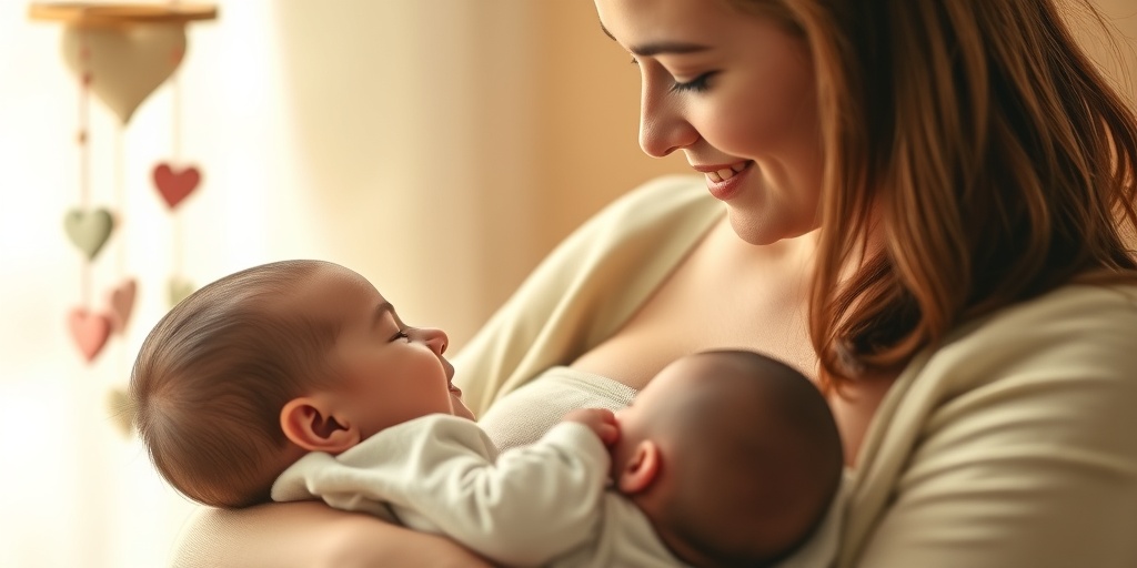A loving gaze between mother and baby during breastfeeding, enhanced by warm lighting and symbols of connection.4.png