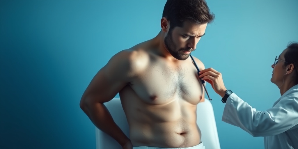 A male patient in a clinical room, displaying swelling and discoloration, while a concerned healthcare professional examines him.  2.png