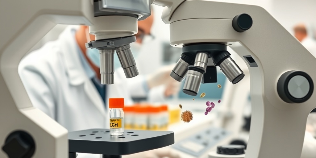 A medical professional analyzes LCH cells under a microscope in a bright laboratory, emphasizing precision in diagnostics.  4.png