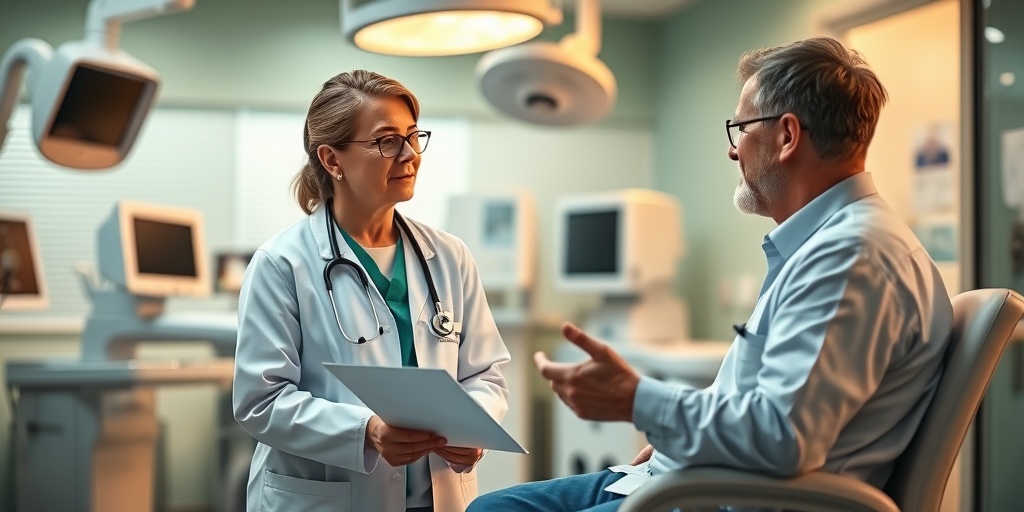 A medical professional discusses liposarcoma treatment options with a patient in a modern clinic, radiating warmth and support.  4.png