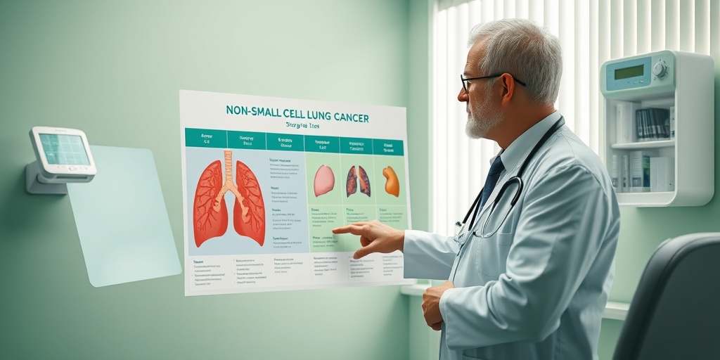 A medical professional discusses lung cancer stages with a patient, highlighting a detailed chart in a calming examination room. 4.png