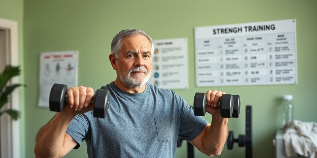 A middle-aged man lifts light weights in a home gym, determined, with a chart on safe strength training for COPD.  4.png