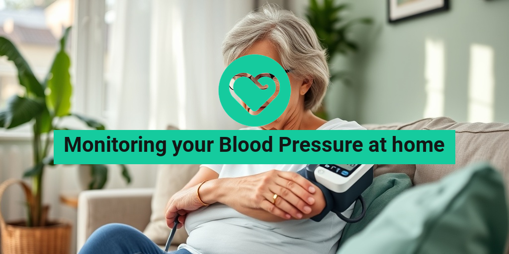A middle-aged woman relaxes in her living room, using a digital blood pressure monitor amidst a calming green backdrop. • Yesil Health AI