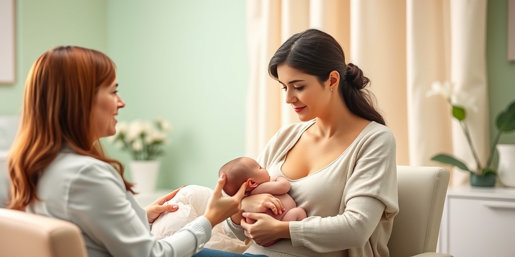 A mother consults with a lactation expert, receiving guidance in a bright, supportive environment for breastfeeding.5.png