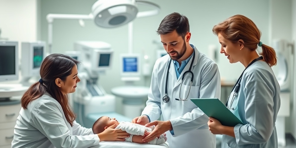 A multidisciplinary team collaborates in a modern clinic, discussing treatment options for François Dyscephaly with compassion and teamwork. 4.png