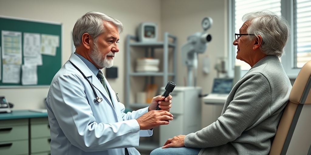 A neurologist examines a patient with a reflex hammer, showcasing professionalism in a well-decorated medical office.  3.png