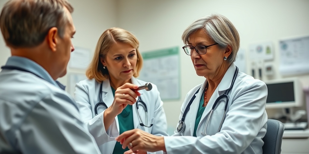 A neurologist examines a patient's reflexes with a hammer, showcasing a professional and inviting clinic atmosphere.  3.png